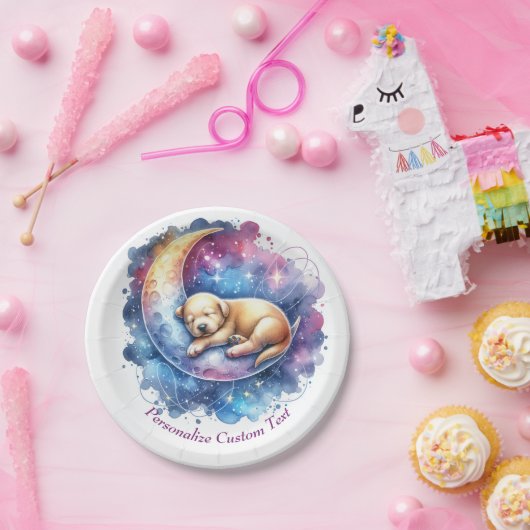 Niedliches Baby Welpenschlafen auf dem Mond Pappteller (Party)