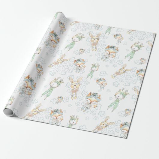 Niedliches Baby Woodland Forest Animes Fox Bunny Geschenkpapier (Ungerollt)