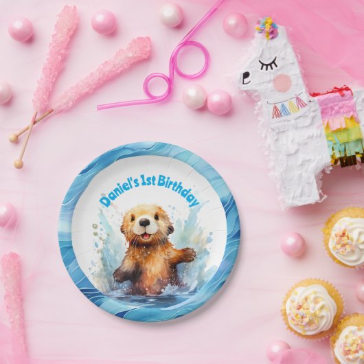 Niedliches Babymeer Otter in Wasser Splash Persona Pappteller (Party)