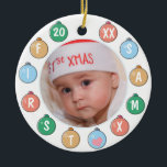 Niedliches Baby's First Christmas Foto Keramik Ornament<br><div class="desc">Das erste Weihnachtsschmuck Ihres Babys personalisiert mit Foto,  umgeben von pastellfarbenen Bauern und Jahr auf der Vorderseite mit Namen auf der Rückseite.</div>