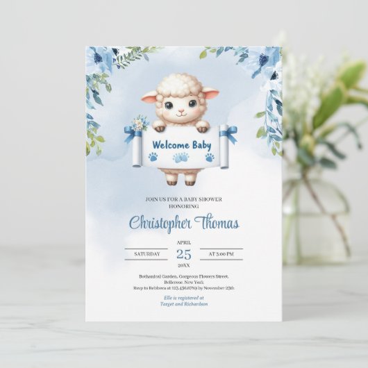 Niedliches Babyschaf in Aquarellfarbe mit Begrüßun Einladung (Stehend Vorderseite)