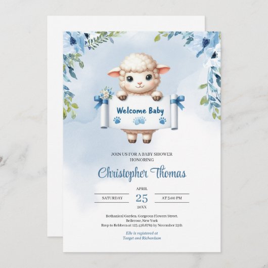 Niedliches Babyschaf in Aquarellfarbe mit Begrüßun Einladung (Vorne/Hinten)