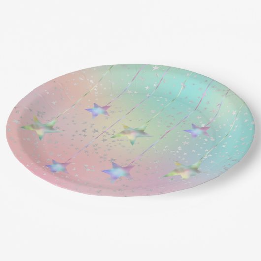 Niedliches Band der holografischen Stars in Pastel Pappteller (Schrägansicht)