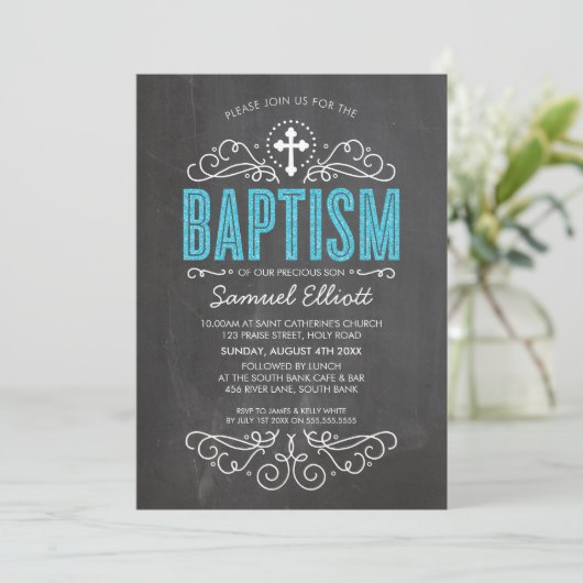 NIEDLICHES BAPTISM elegantes, blaues Glitzer Einladung (Stehend Vorderseite)