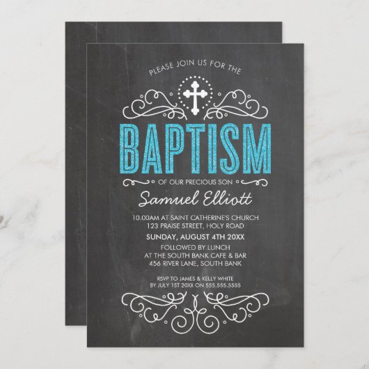 NIEDLICHES BAPTISM elegantes, blaues Glitzer Einladung (Vorne/Hinten)