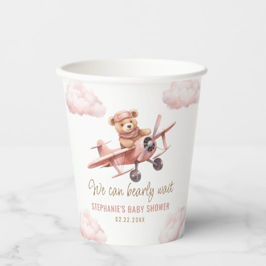 Niedliches Bärenflugzeug Pink Girl Babydusche Pappbecher (Vorderseite)