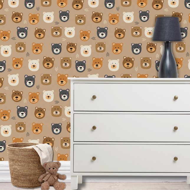 Niedliches Bärenkopfbild Tapete (Cute woodland forest bear head kids wallpaper for boys bedroom, nursery or playroom.)