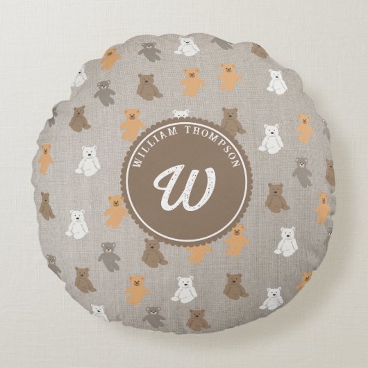 Niedliches Bärenmuster Anfangsmonogramm Rundes Kissen (Vorderseite)