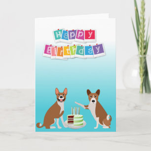 Niedliches Basenji Hound Hund Tier mit Kuchen Karte