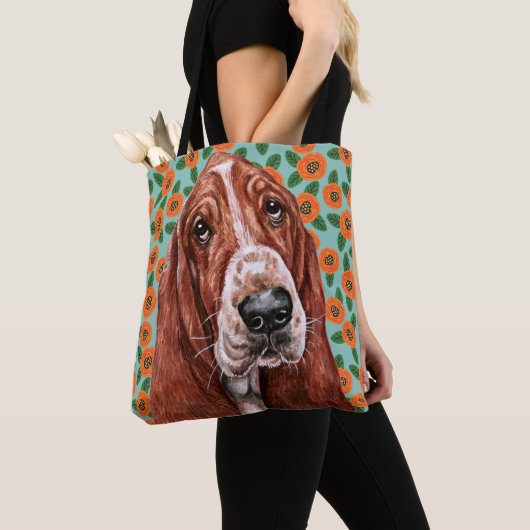 Niedliches Basset Hound Red Poppe Blume Muster Tasche (Von Nahem)