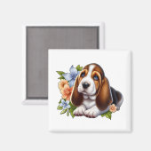 Niedliches Basset Hound Welpe Sitzen mit Blume Magnet (Vorderseite/Rückseite)