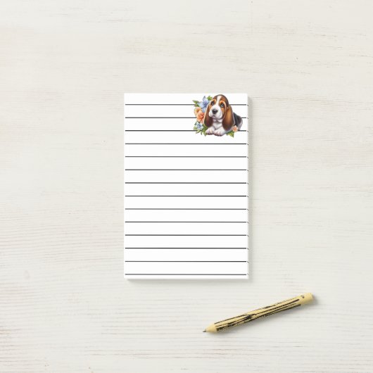 Niedliches Basset Hound Welpe Sitzen mit Blume Post-it Klebezettel (Auf Schreibtisch)