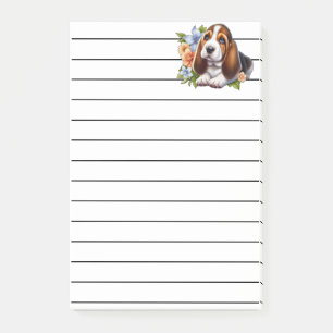 Niedliches Basset Hound Welpe Sitzen mit Blume Post-it Klebezettel