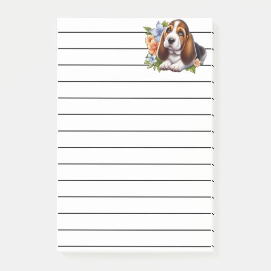 Niedliches Basset Hound Welpe Sitzen mit Blume Post-it Klebezettel (Vorderseite)