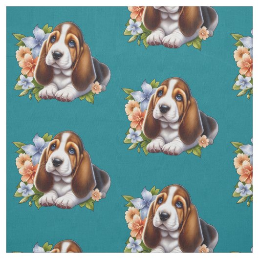 Niedliches Basset Hound Welpe Sitzen mit Blume Stoff (Muster)