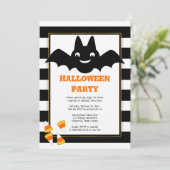 Niedliches Bat BW Streifen Candy Corn Halloween-Pa Einladung (Stehend Vorderseite)