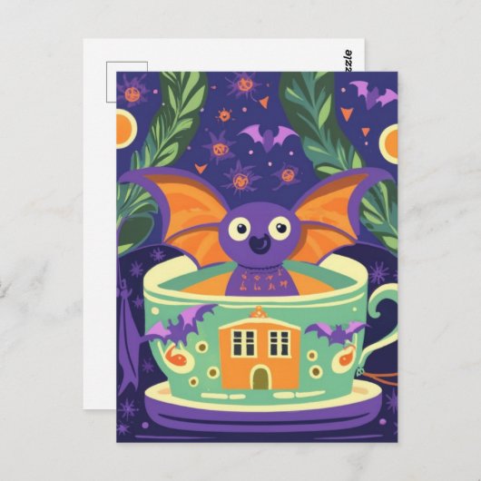 Niedliches Bat im Halloween-Teacup Postkarte (Vorne/Hinten)