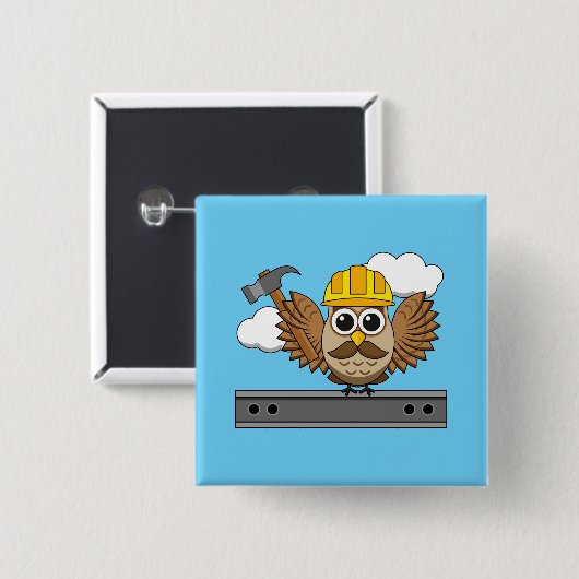Niedliches Bauarbeiter-Owl mit Hard Hat Cartoon Button (Vorne & Hinten)
