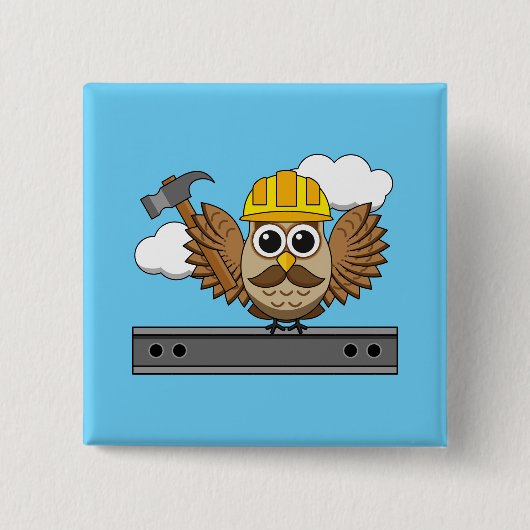 Niedliches Bauarbeiter-Owl mit Hard Hat Cartoon Button (Vorderseite)