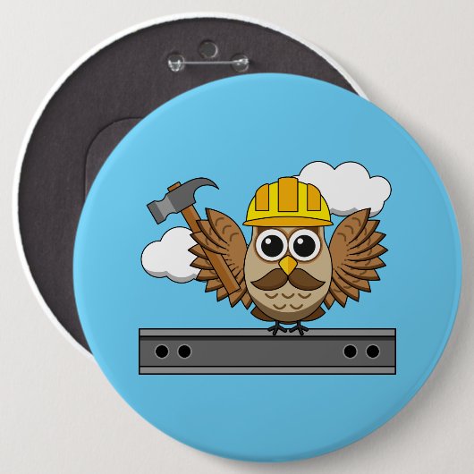 Niedliches Bauarbeiter-Owl mit Hard Hat Cartoon Button (Vorne & Hinten)