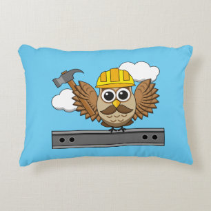 Niedliches Bauarbeiter-Owl mit Hard Hat Cartoon Dekokissen