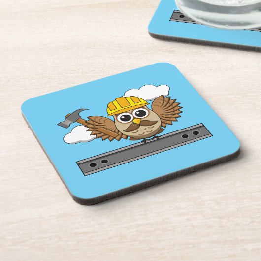 Niedliches Bauarbeiter-Owl mit Hard Hat Cartoon Getränkeuntersetzer (Linke Seite)