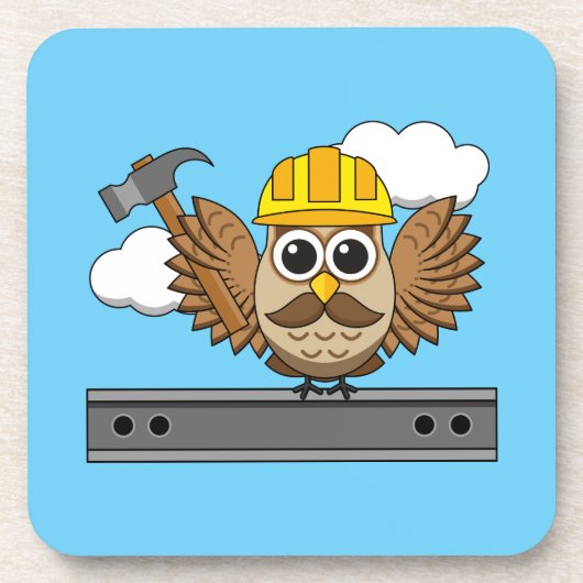 Niedliches Bauarbeiter-Owl mit Hard Hat Cartoon Getränkeuntersetzer (Vorderseite)