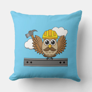 Niedliches Bauarbeiter-Owl mit Hard Hat Cartoon Kissen
