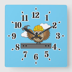 Niedliches Bauarbeiter-Owl mit Hard Hat Cartoon Quadratische Wanduhr