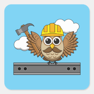 Niedliches Bauarbeiter-Owl mit Hard Hat Cartoon Quadratischer Aufkleber