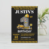 Niedliches Baugewerbe 1. Geburtstag Party Einladung (Stehend Vorderseite)