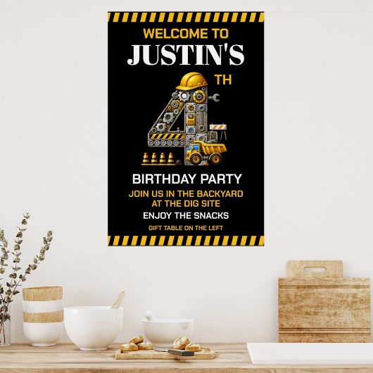 Niedliches Baugewerbe 4. Geburtstag Party Poster (Küche)