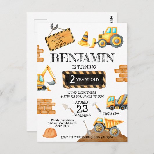 Niedliches Baugewerbe Geburtstagsparty Postkarte (Vorne/Hinten)