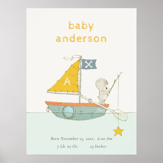 Niedliches Bear Star Sailboat Kids Monogram Baby Poster (Vorne)