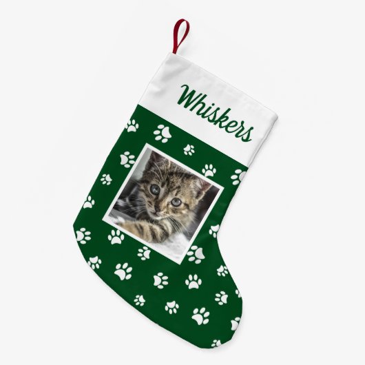 Niedliches benutzerdefiniertes Cat Foto Name Grün Kleiner Weihnachtsstrumpf (Vorderansicht (hängend))