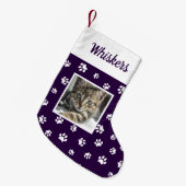 Niedliches benutzerdefiniertes Cat Foto Name Lila Kleiner Weihnachtsstrumpf (Vorderansicht (hängend))
