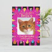 Niedliches benutzerdefiniertes Foto Pink Cat Gebur Einladung (Stehend Vorderseite)