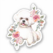 Niedliches Bichon Frise mit Blume Wasserfarbe Kuns Aufkleber (Vorderseite)
