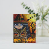 Niedliches Big Eye Hexenmädchen & Owl Whimsisches  Einladung (Stehend Vorderseite)