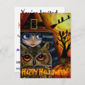Niedliches Big Eye Hexenmädchen & Owl Whimsisches  Einladung (Vorne/Hinten)