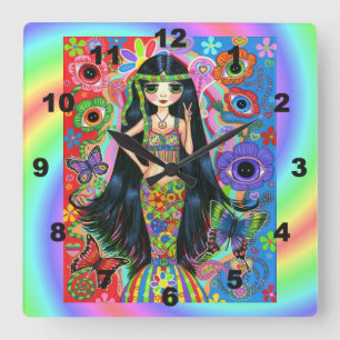 Niedliches Big Eye Hippie Mermaid Girl Peace Sign  Quadratische Wanduhr
