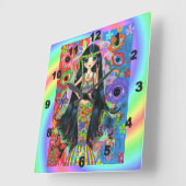 Niedliches Big Eye Hippie Mermaid Girl Peace Sign  Quadratische Wanduhr (Winkel)