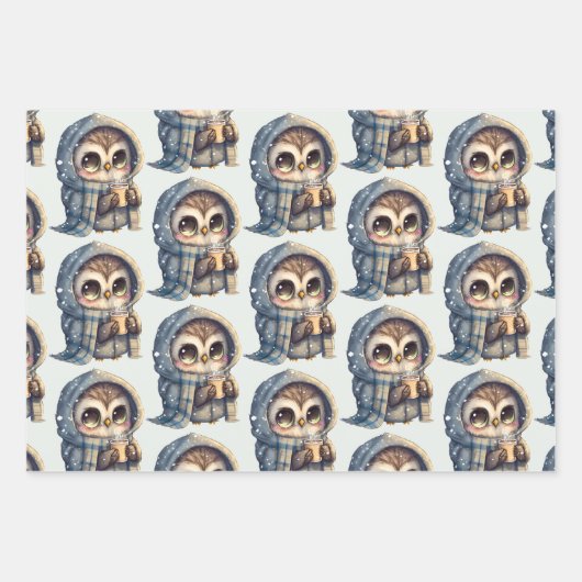 Niedliches Big Mit Augen Owl mit Kaffeemuster Geschenkpapier Set (Vorderseite 2)