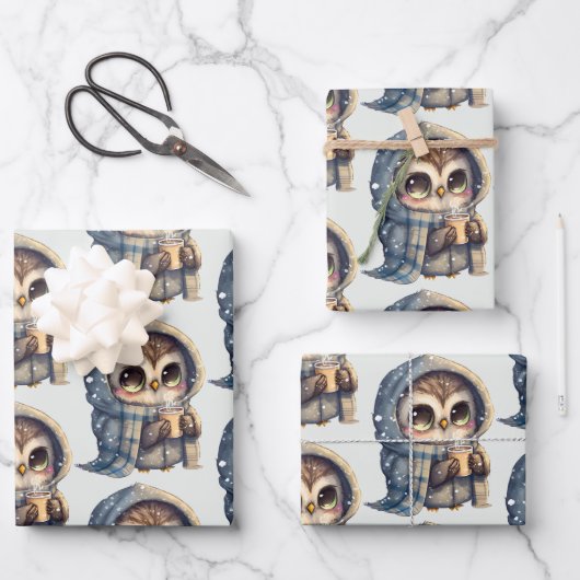 Niedliches Big Mit Augen Owl mit Kaffeemuster Geschenkpapier Set (Vorderseite)