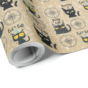 Niedliches Black Cat and Present-Gold Glitzer-Meow Geschenkpapier