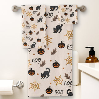 Niedliches Black Cat Pumpkin Halloween-Muster Badhandtuch Set