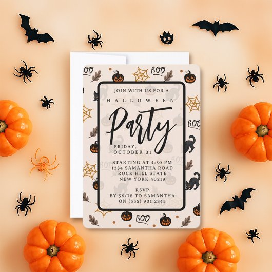 Niedliches Black Cat Pumpkin Halloween-Muster Einladung