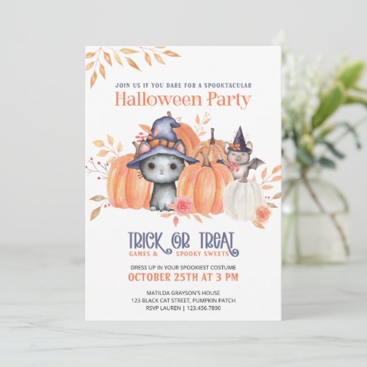 Niedliches Black Cat Pumpkin Patch Kids Halloween- Einladung (Stehend Vorderseite)