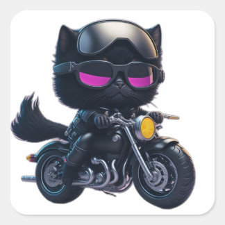 Niedliches Black Cat Riding Motorrad Quadratischer Aufkleber