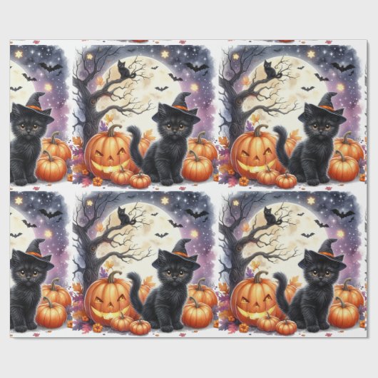 Niedliches Black Kitty Cat Halloween Wrapping Pape Geschenkpapier (Flach)